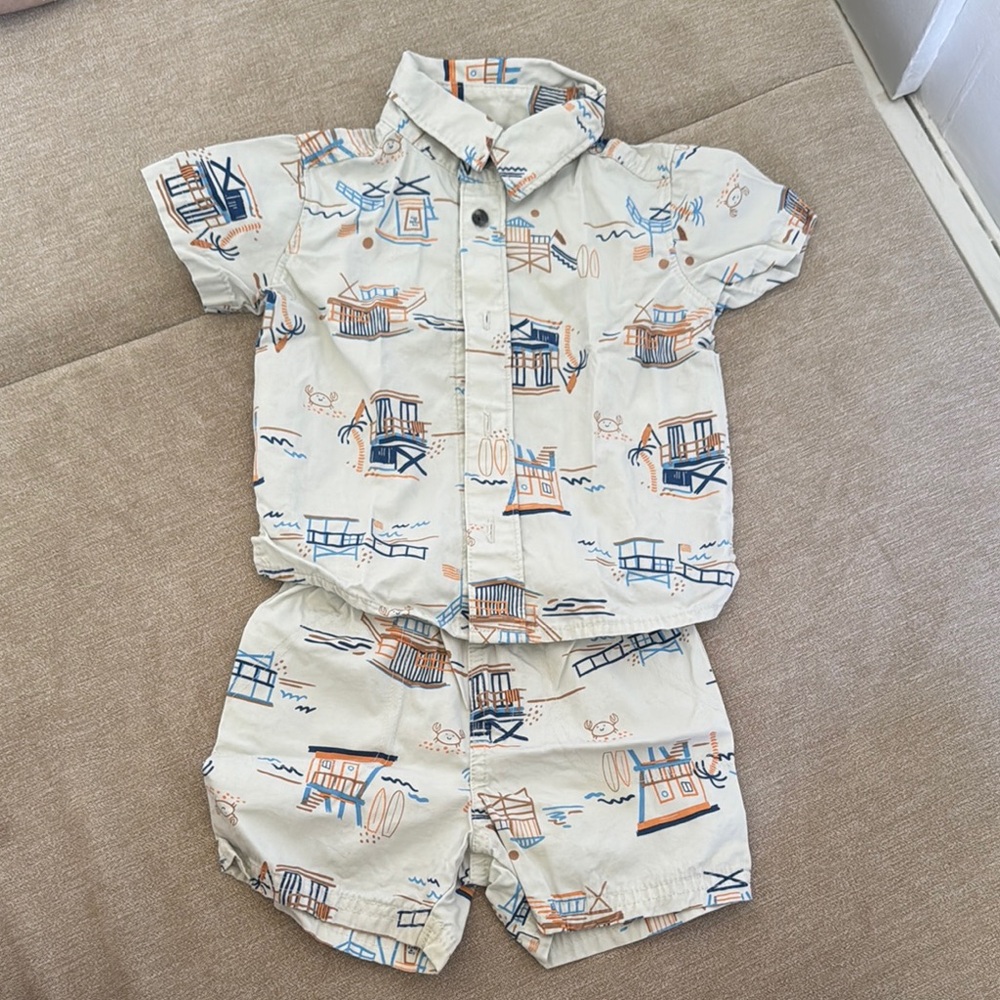 Carters Beach Print Button-Up Shirt & Shorts Matching Set - Cream